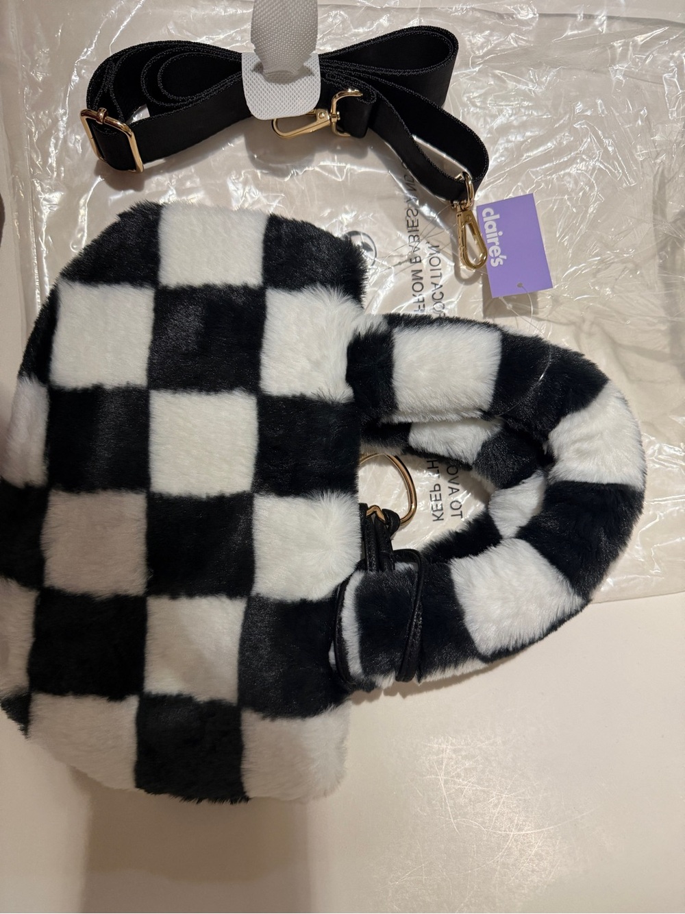 Claire's Black & White Checkerboard Faux Fur Tote